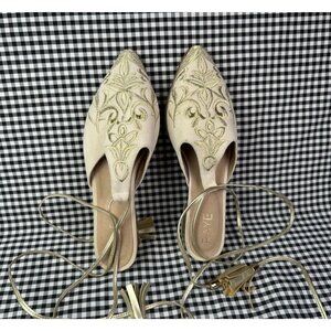 RAYE Cream Suede Gold Embroidered Lace Up Mules Pointed Toe Tassel Heels Size 7